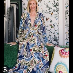 NWT FARM Rio Macaw Flight Maxi Plunging V-neck Long Sleeve Dress S